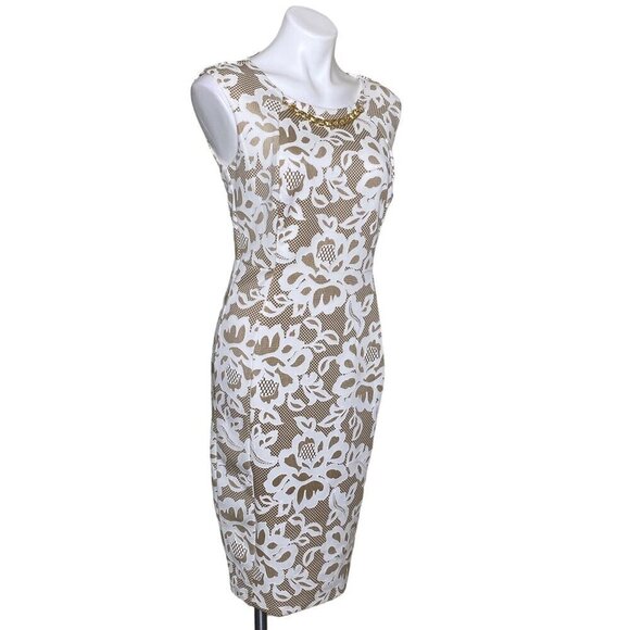 Kate & Lily Beige Lace Overlay Sheath Dress, Gold Chain Necklace Women's Size 8 - Picture 3 of 9